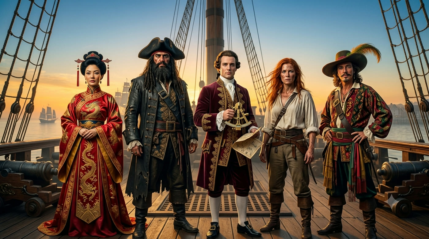 Cinco piratas históricos lado a lado no convés de um navio: Ching Shih, Barba Negra, Henry Morgan, Anne Bonny e Calico Jack Rackham