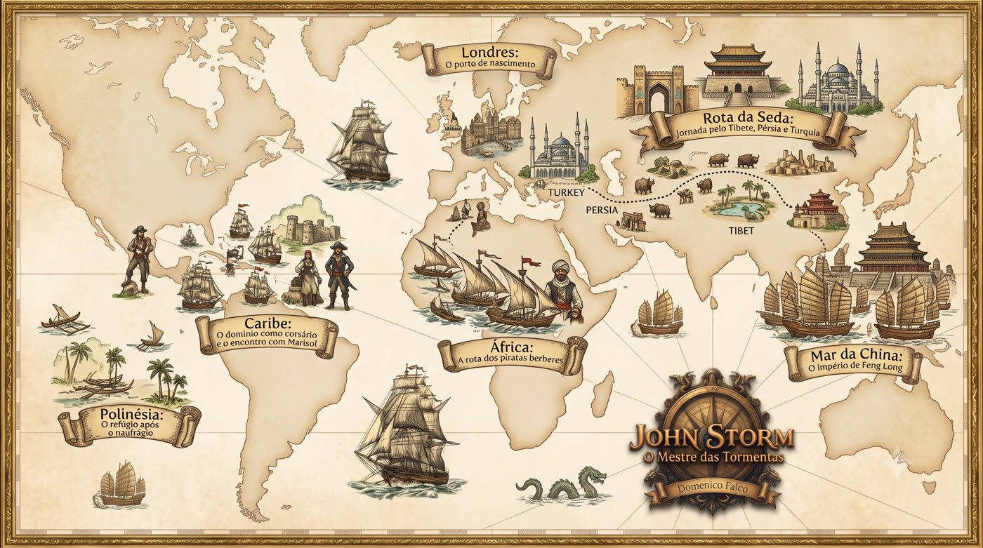 Mapa da rota de John Storm, de Londres ao Caribe, África, Rota da Seda e Mar da China