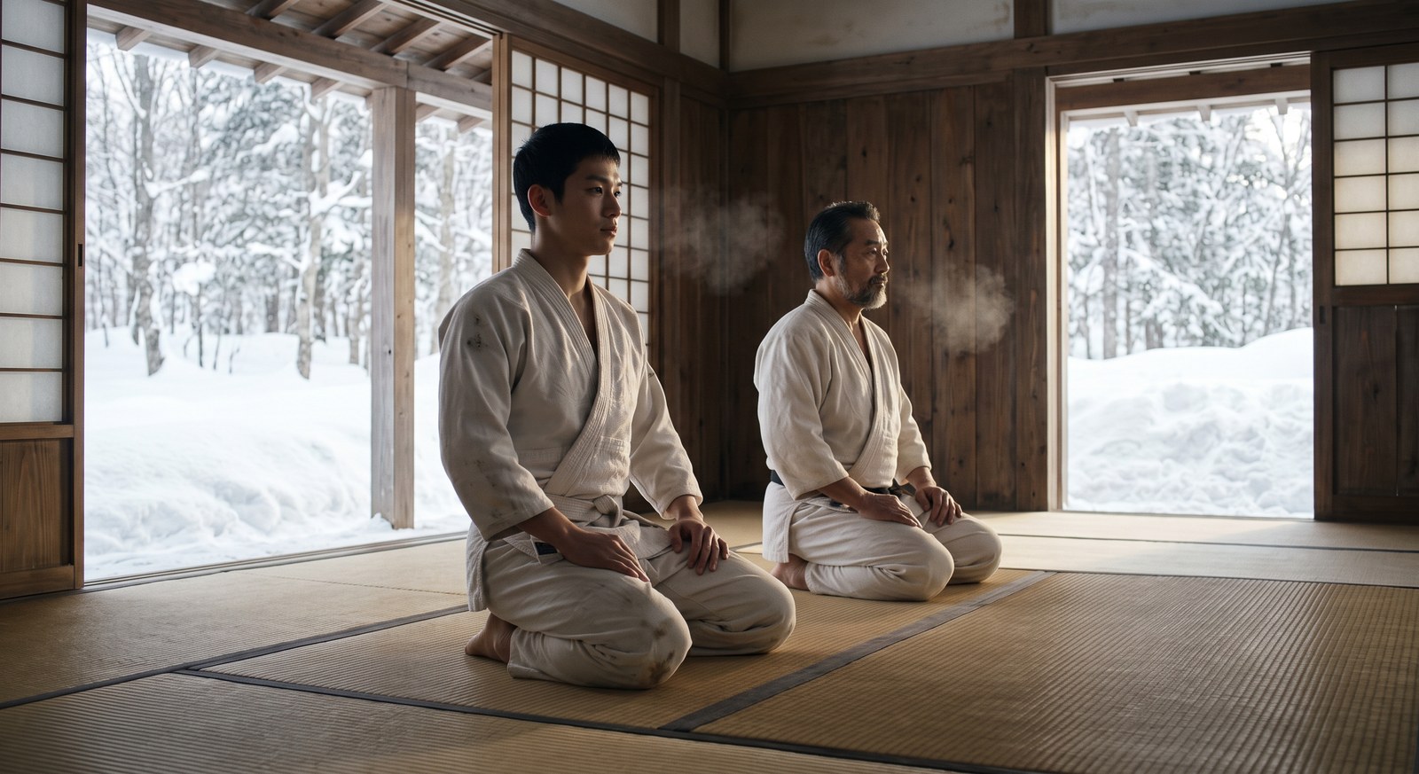 Akira jovem e o pai ajoelhados em silêncio no dojo da família em Hokkaido, neve cobrindo o jardim lá fora