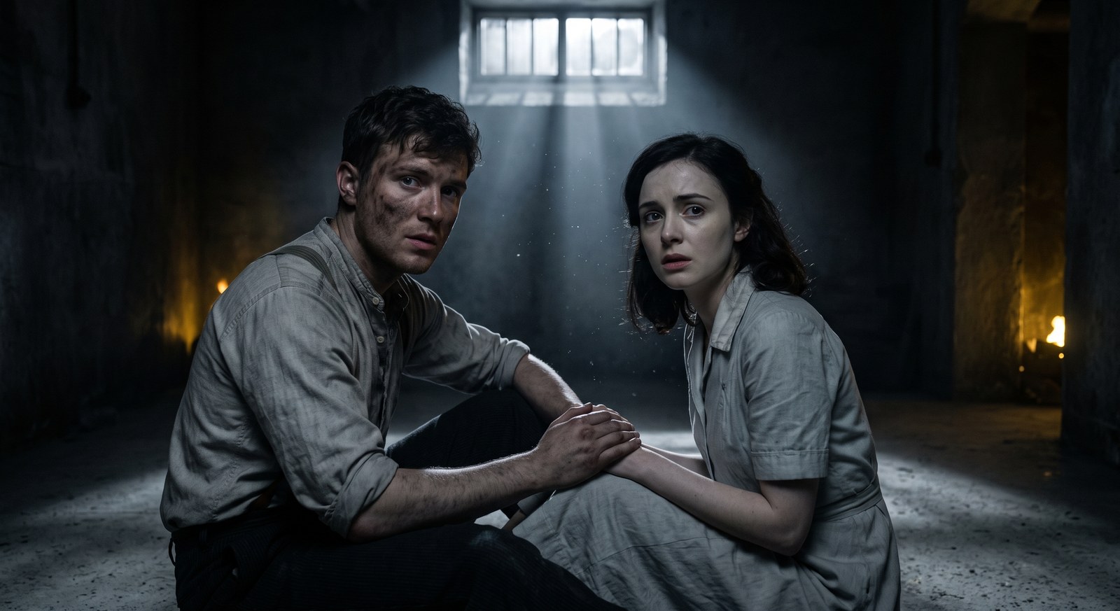 Um casal se abriga apertado num porão de tijolos durante o bombardeio, luz entrando por uma janela estreita