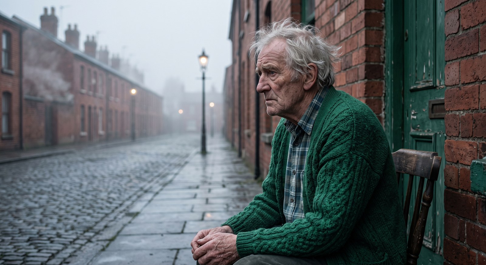 Idoso Killian sentado à porta de casa numa rua de paralelepípedos enevoada de Belfast, olhar perdido nas memórias
