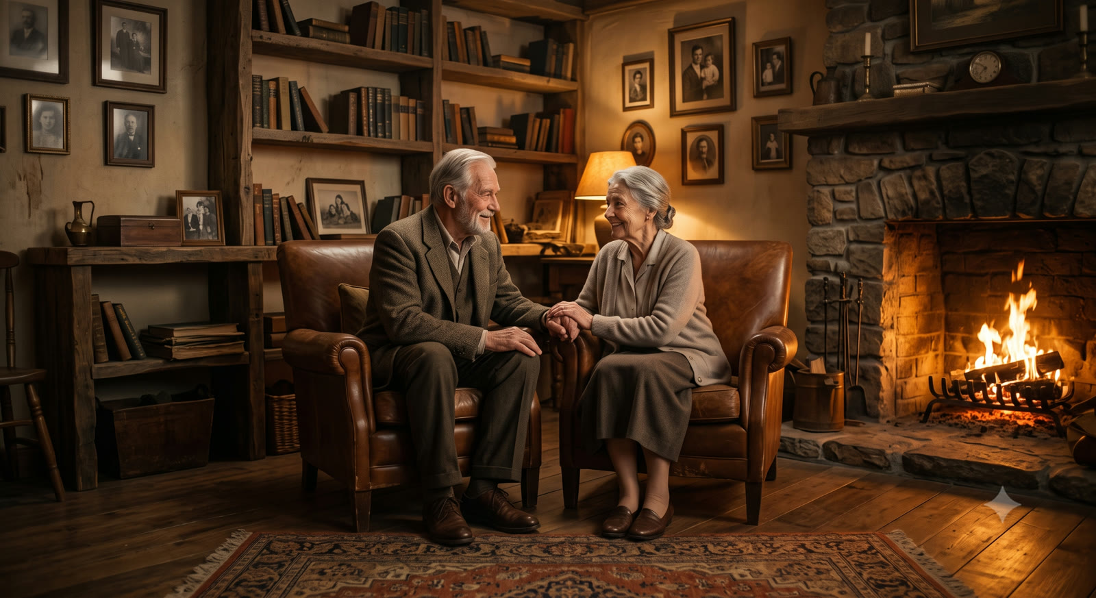 Casal de idosos em uma sala aconchegante com lareira compartilhando um momento de paz em família