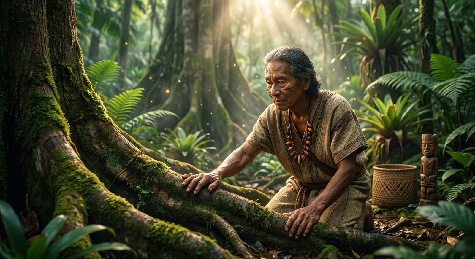 Guia indígena idoso tocando as raízes cobertas de musgo de uma árvore na floresta amazônica