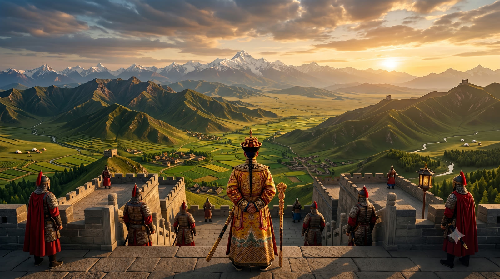 Oficial da corte Qing observando de costas o vale e as montanhas do interior da China do alto de uma muralha guarnecida por soldados ao entardecer