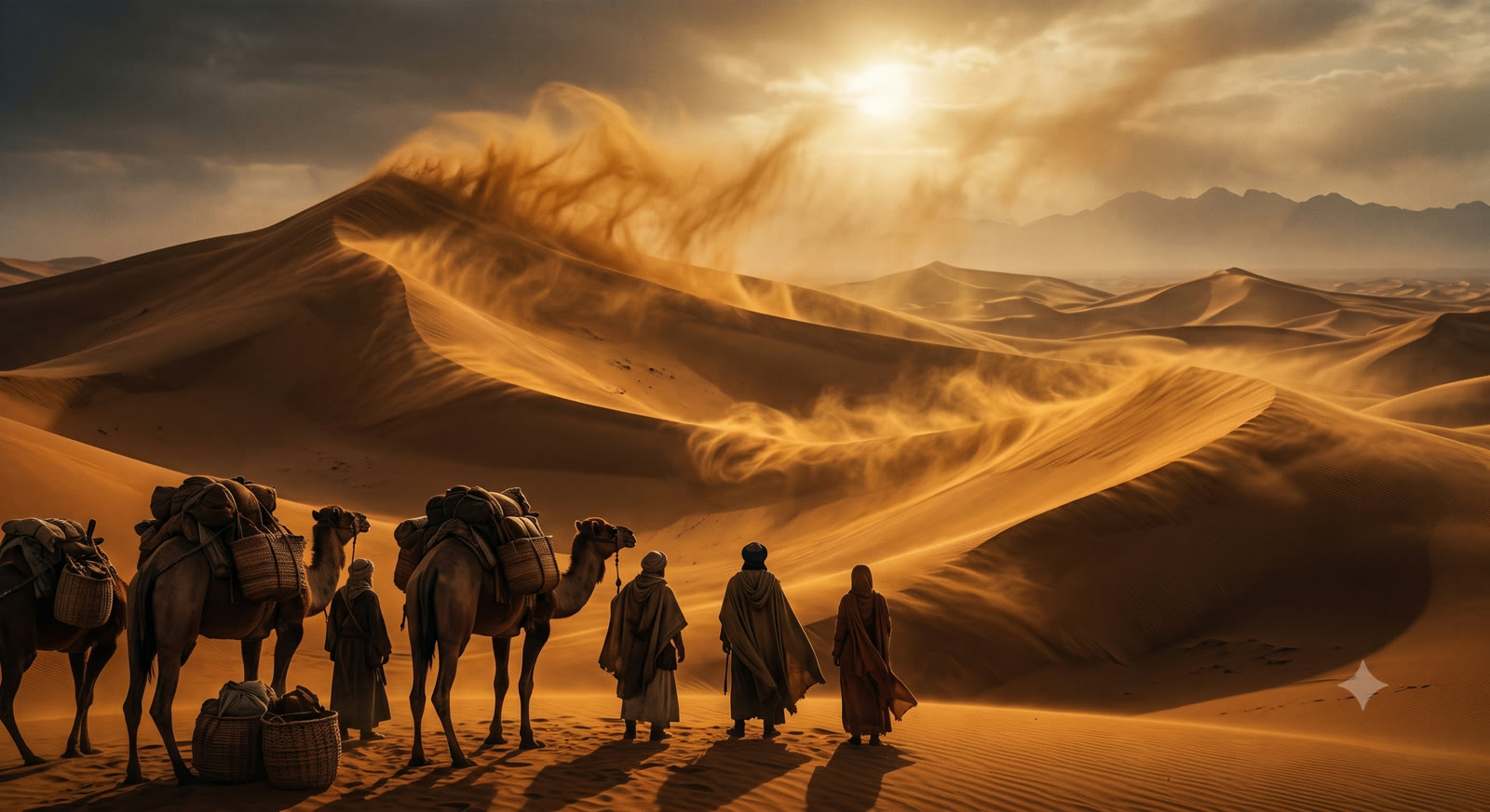 Caravana de viajantes e camelos observando uma tempestade de areia se formar sobre as dunas do deserto de Taklamakan