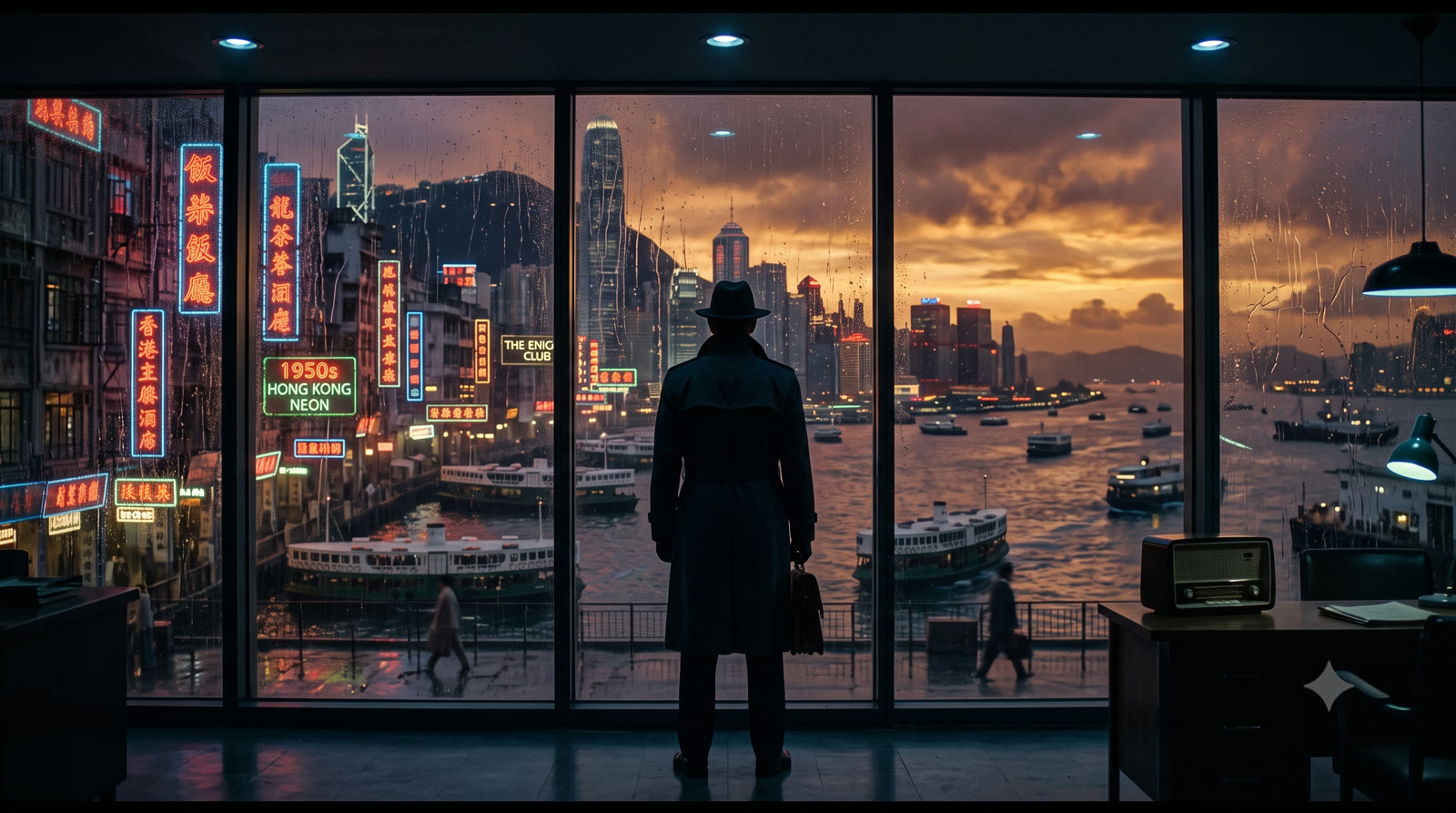 Espião observando o horizonte da cidade de Hong Kong pela janela ao anoitecer
