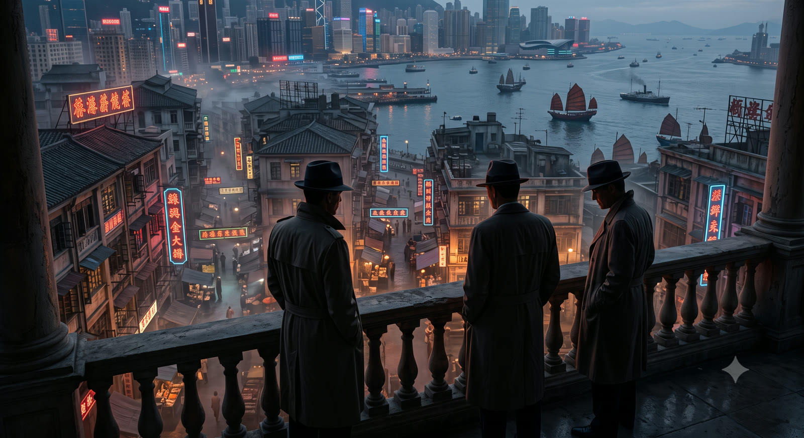 Três espiões de sobretudo observando o horizonte iluminado por neon do porto de Hong Kong ao anoitecer