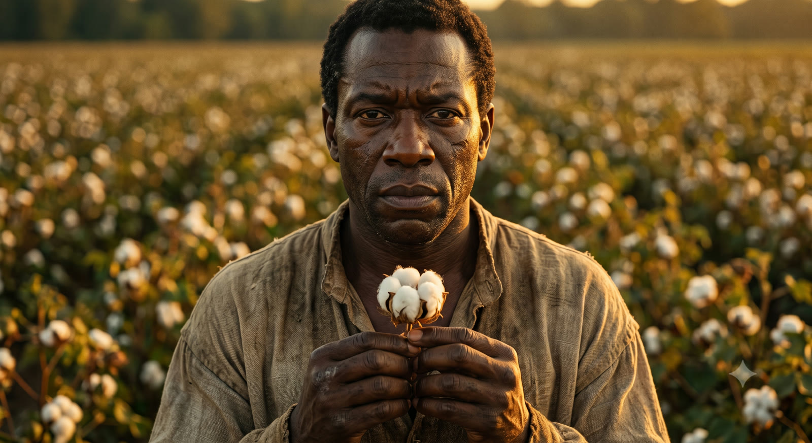 Homem negro segurando flores de algodão em um vasto campo iluminado pela luz dourada do entardecer, olhar sério e resiliente