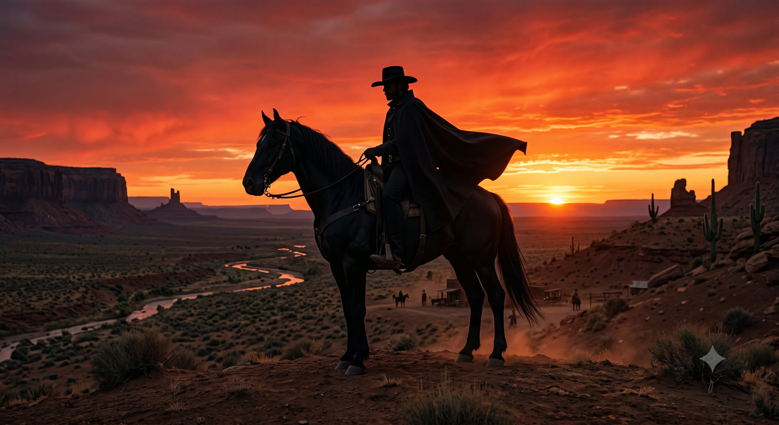 Justiceiro misterioso de capa montado em um cavalo negro no Velho Oeste durante um pôr do sol dramático