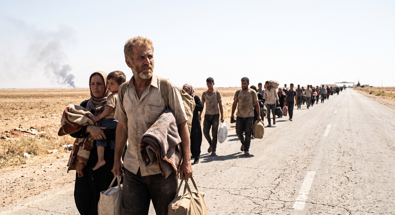 Família caminha por uma estrada empoeirada junto a uma longa fila de refugiados, fumaça ao longe