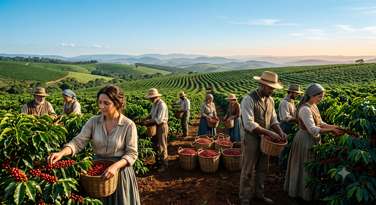 Imigrantes italianos trabalhando na colheita de café em uma grande fazenda brasileira no século XIX