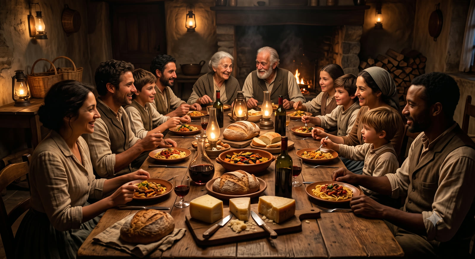Grande família de imigrantes italianos celebrando unida ao redor de uma mesa farta no século XIX