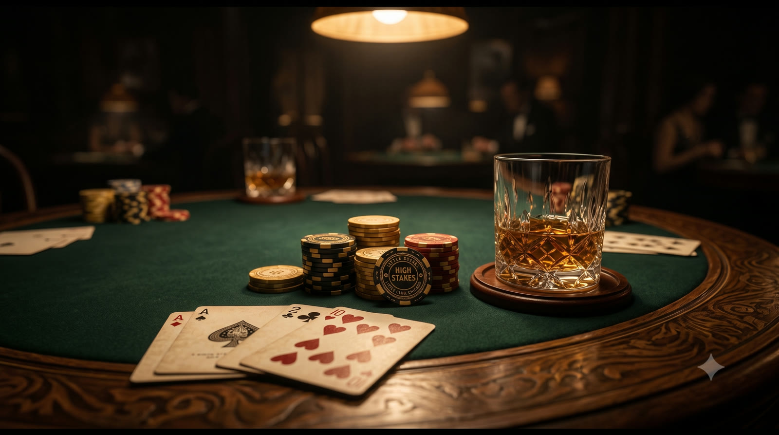 Fichas de cassino e cartas sobre uma mesa luxuosa em iluminação dramática