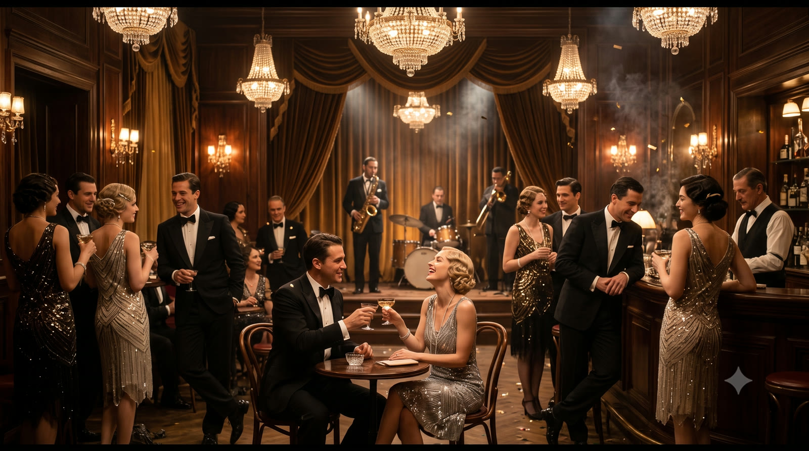 Bar clandestino speakeasy luxuoso de Nova York na década de 1920 com pessoas bem vestidas