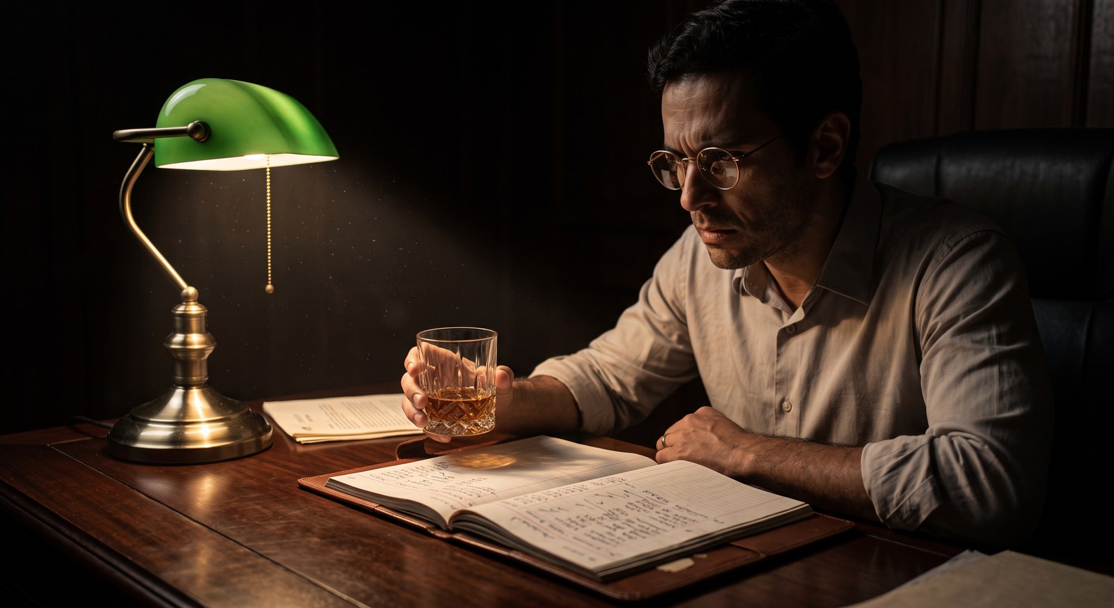 Dr. Carlos à luz de um abajur, uísque na mão, revisando à noite o livro-caixa com os desvios do asilo