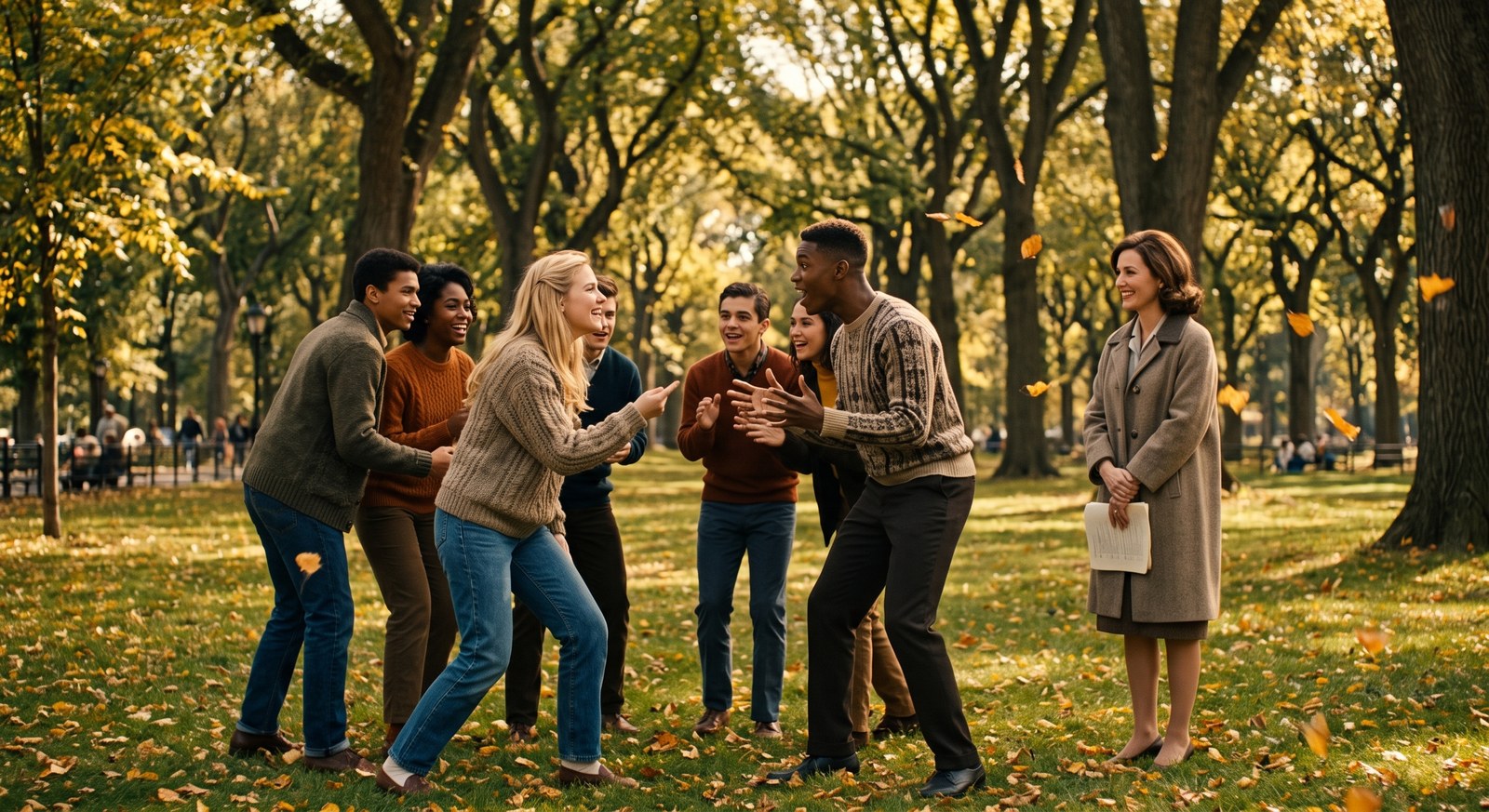 Grupo de jovens estudantes de teatro ensaiando ao ar livre no Central Park, sob a supervisão de uma professora