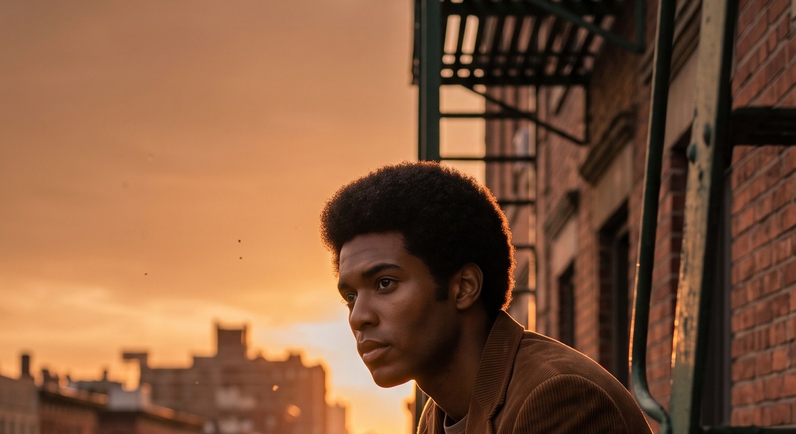 Malcom, jovem negro de Nova York, observa a rua do Harlem ao entardecer de uma escada de incêndio, livro em mãos