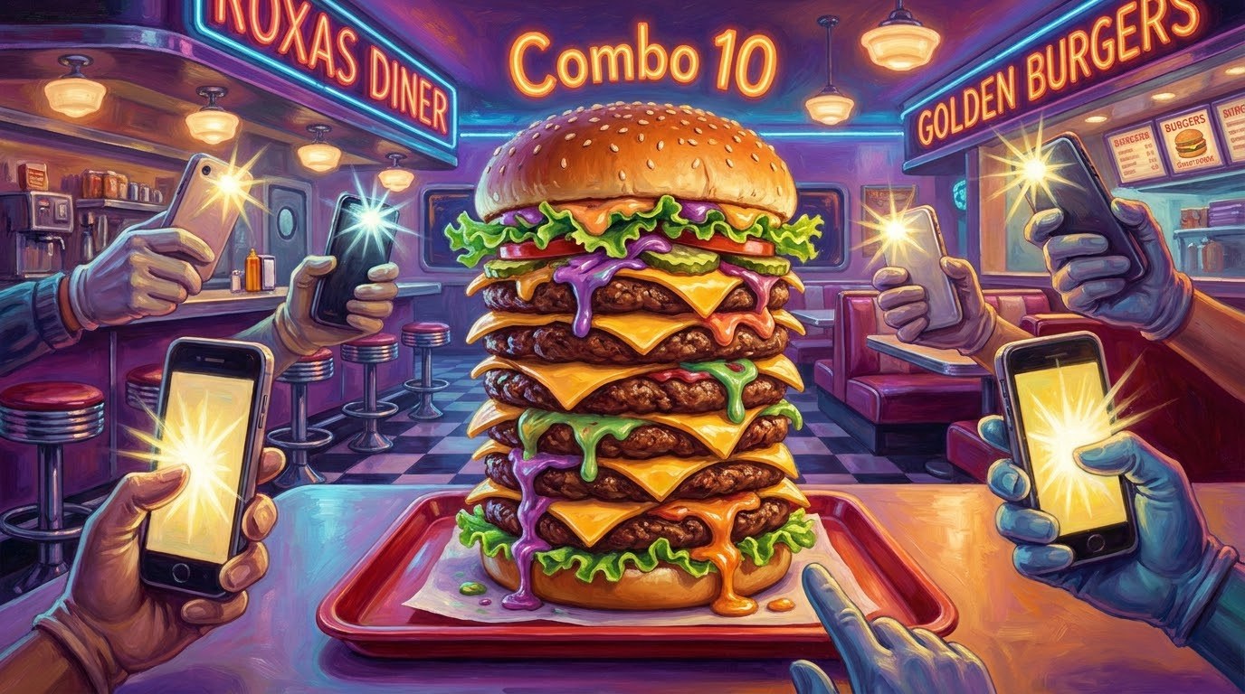 O colossal Combo 10, hambúrguer de seis camadas, sob luzes neon e celulares filmando em uma lanchonete retrô