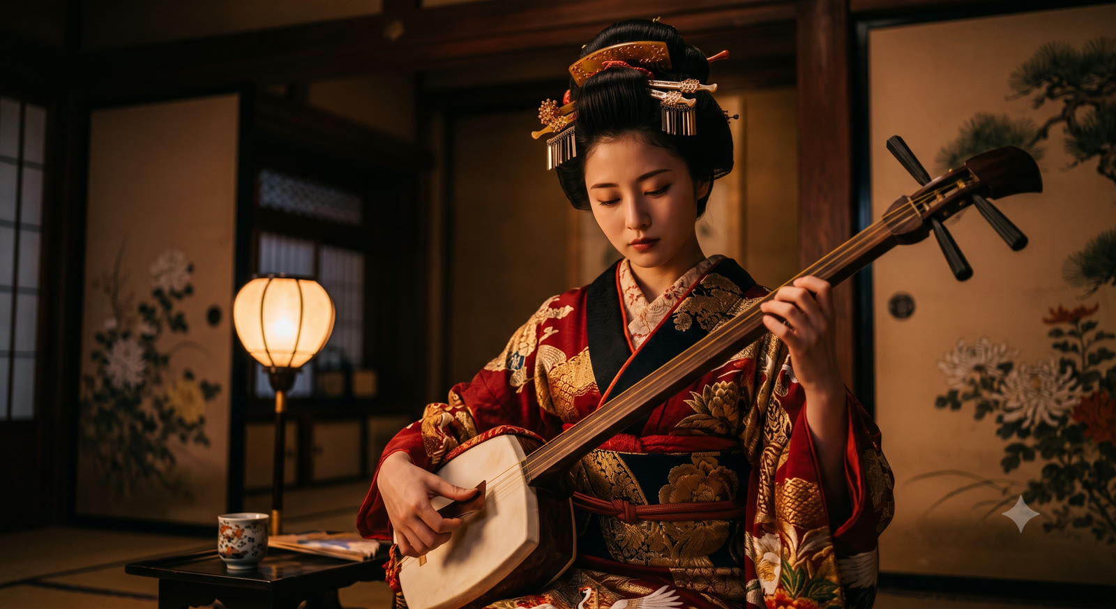 Cortesã japonesa do século XIX tocando shamisen em um ambiente luxuoso e com pouca luz
