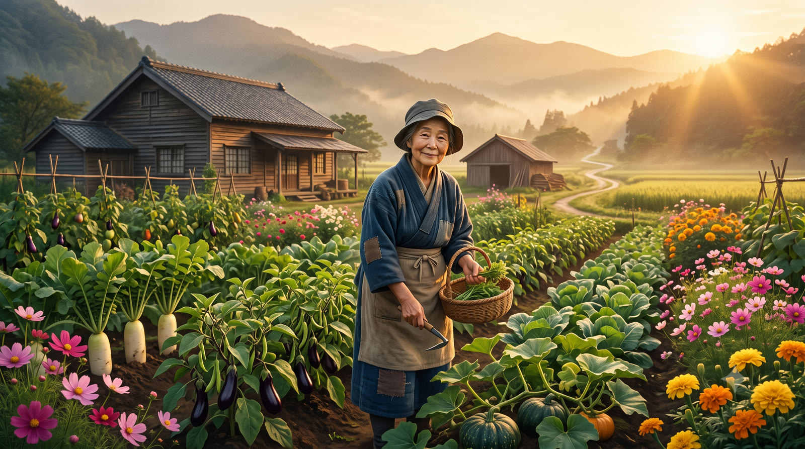 Mulher japonesa resiliente cuidando de um jardim de pedras e plantas no pôr do sol
