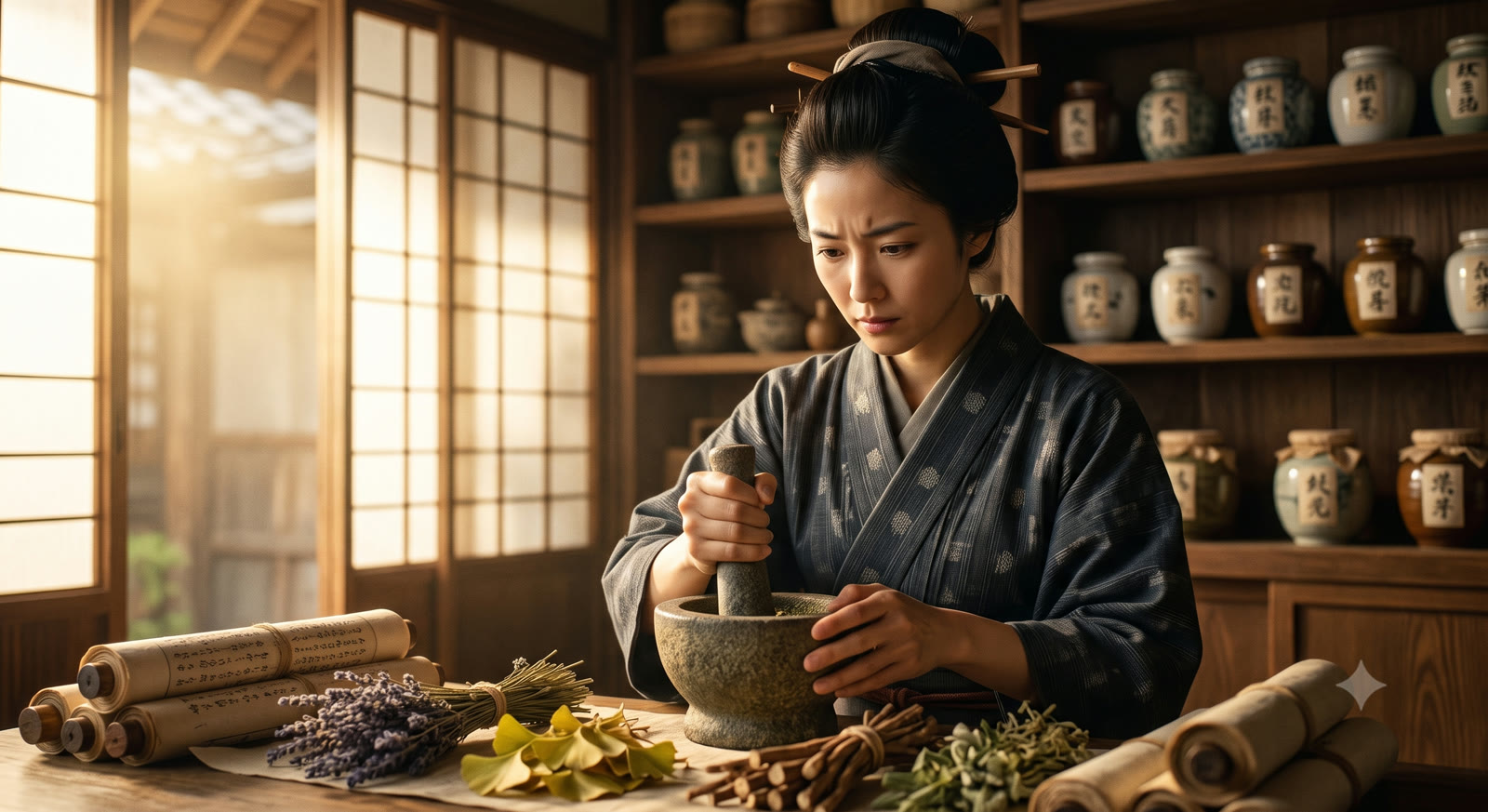 Mulher japonesa preparando remédios tradicionais com pilão, ervas e pergaminhos em uma farmácia antiga