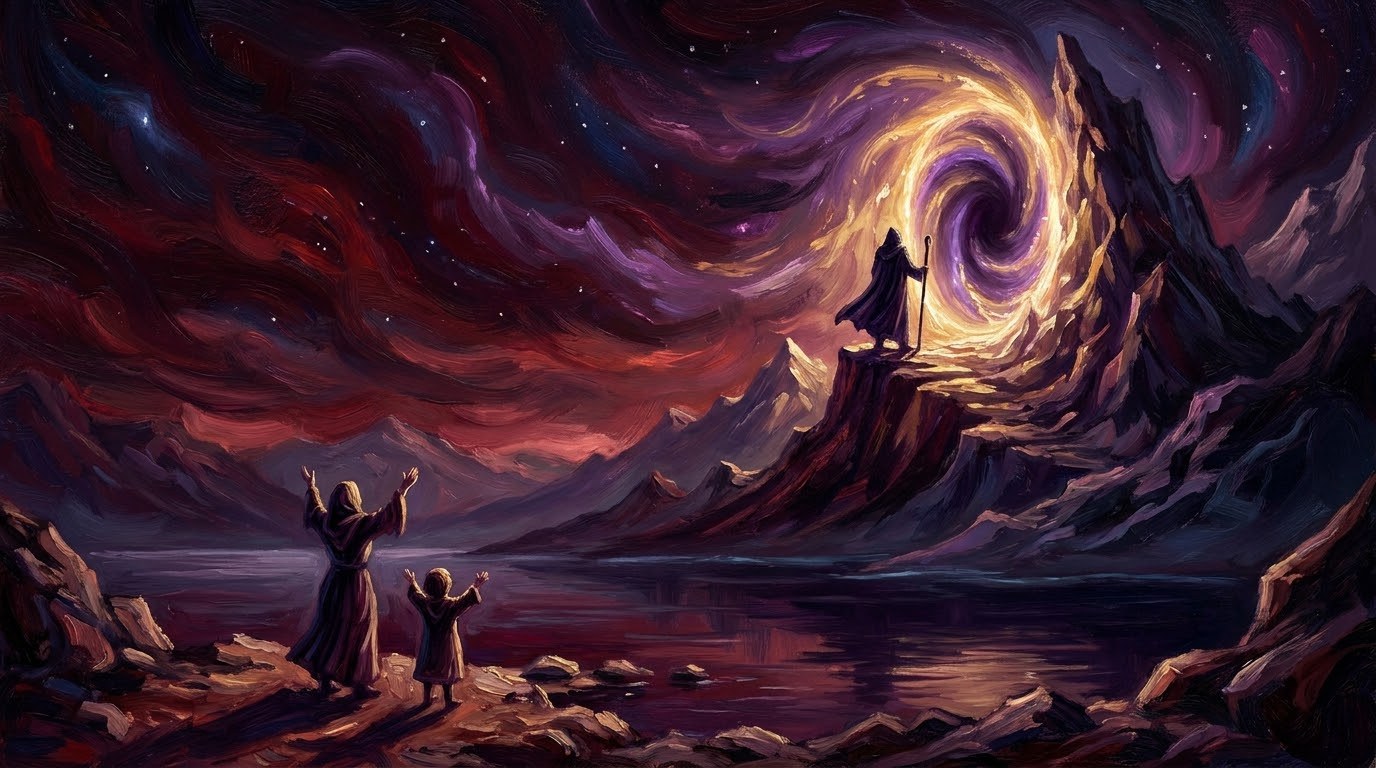 Bella e a filha erguem os braços para o explorador, já parado no portal luminoso no topo da montanha de Tanaris