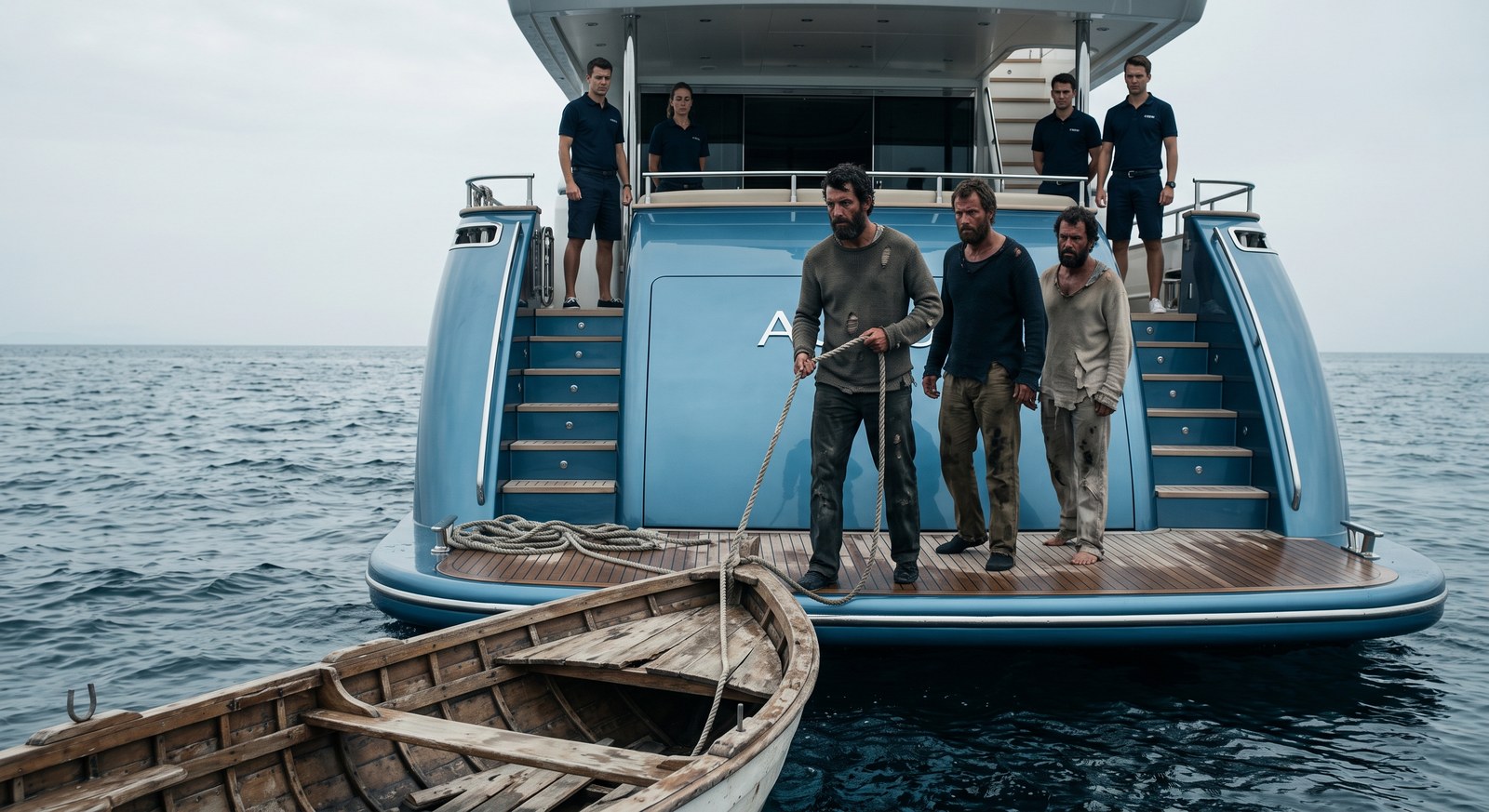Três náufragos de olhar duro sobem no convés do iate junto ao pequeno barco de resgate, tripulação em alerta ao fundo