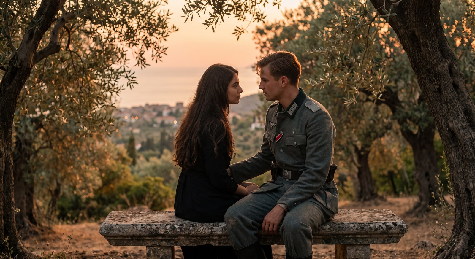 Anastasia e Hans sentados sob as oliveiras ao entardecer, o vilarejo e o mar Egeu ao fundo