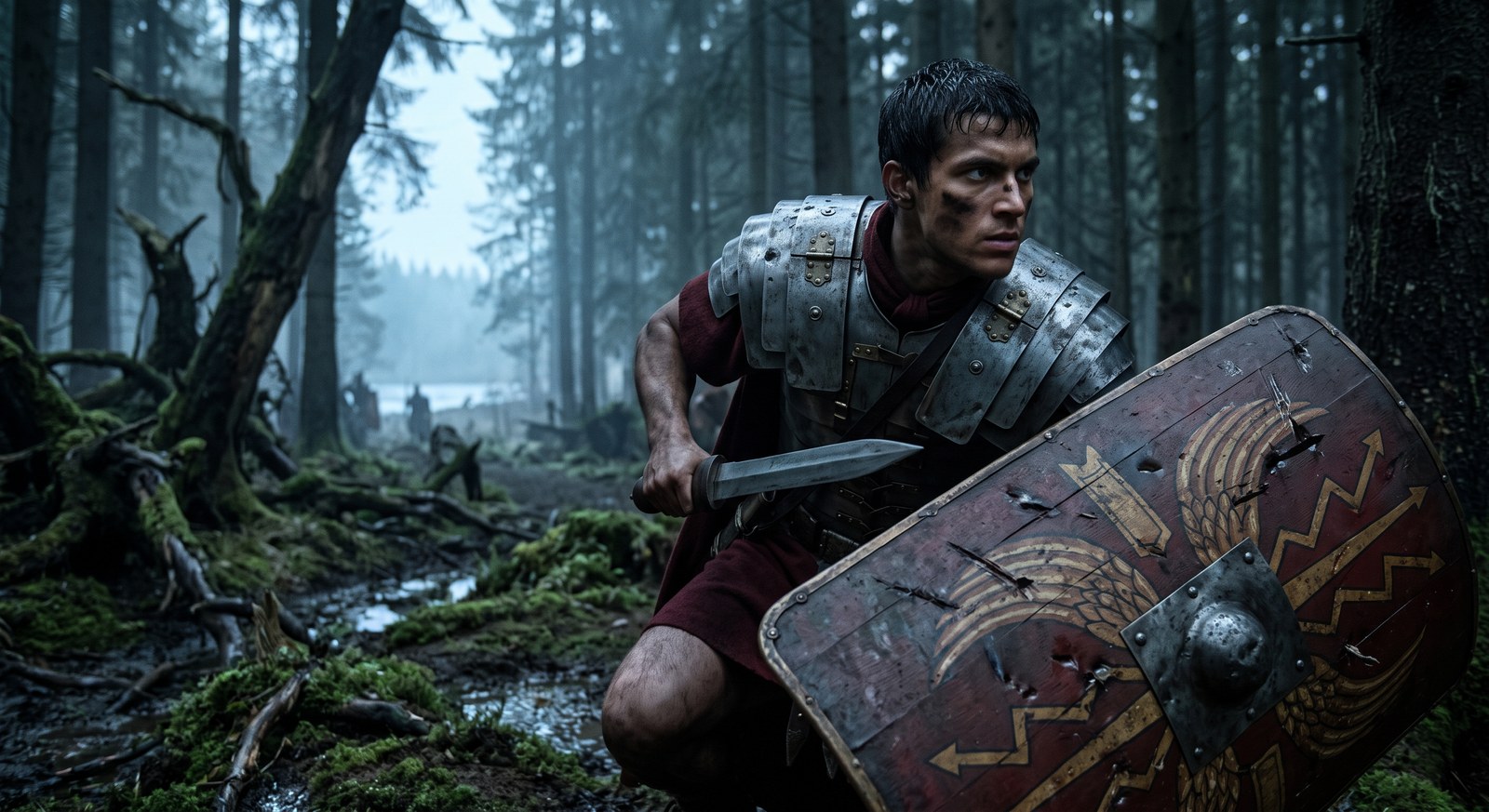 Legionário romano agachado numa floresta densa e enevoada da Germânia, escudo e espada em punho