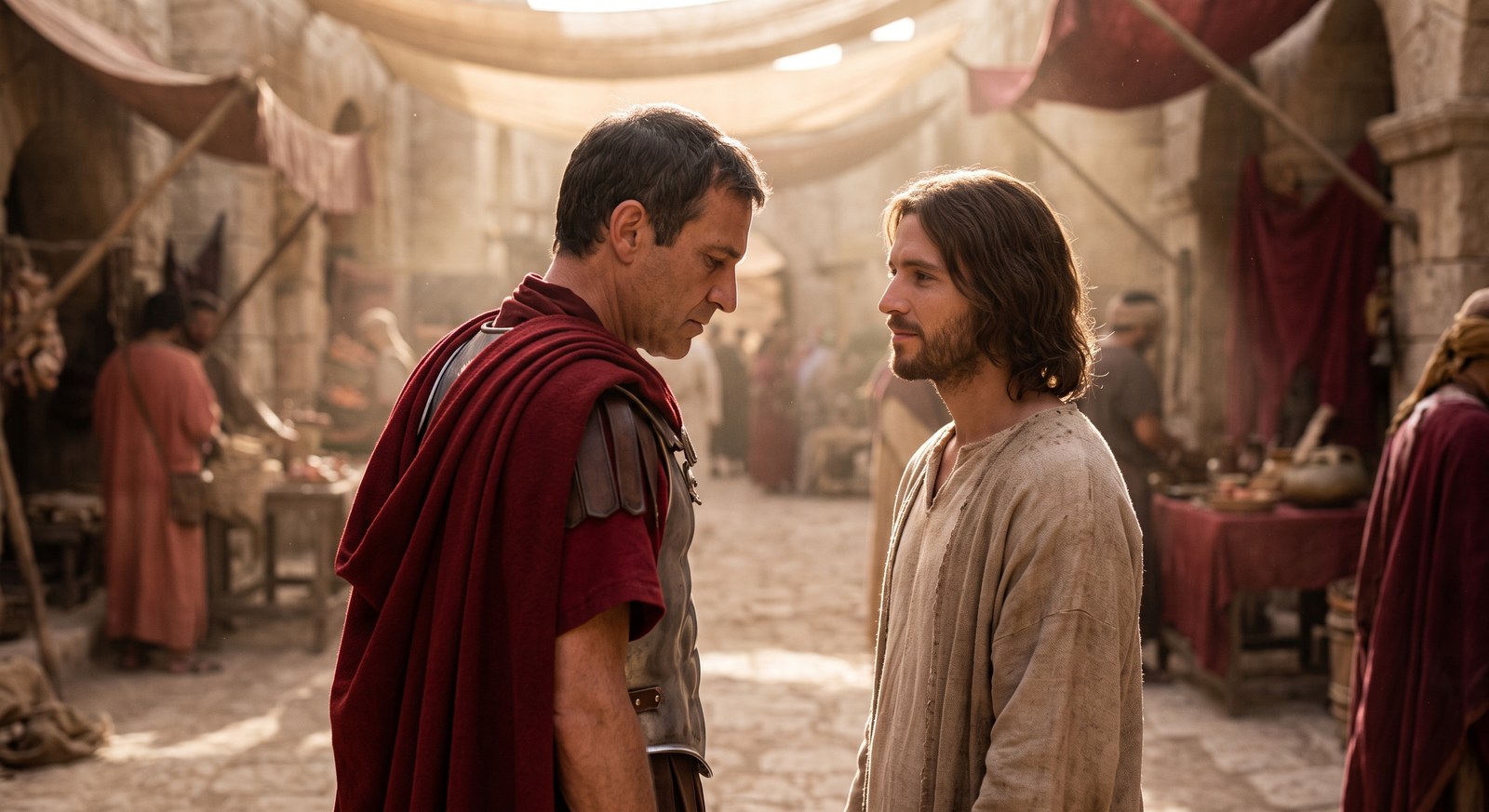 Julius, em uniforme romano, encara Yeshua frente a frente numa rua de mercado na Judeia