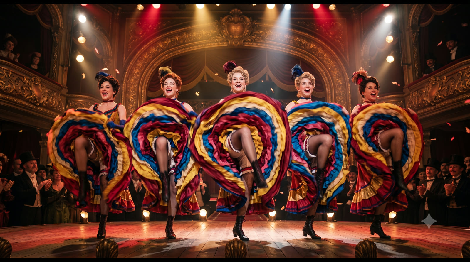 Dançarinas da Belle Époque realizando o French Cancan no palco de um cabaré