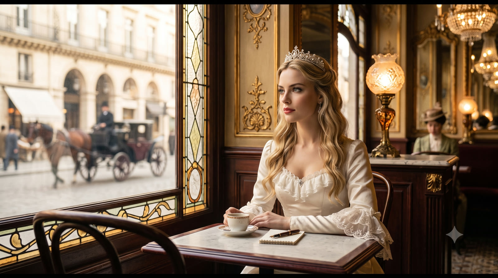 Mulher elegante da Belle Époque com chapéu cloche em um café de Paris