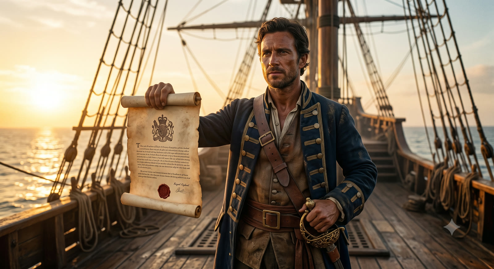Corsário do século XVIII segurando uma carta de corso real no convés de um navio ao pôr do sol