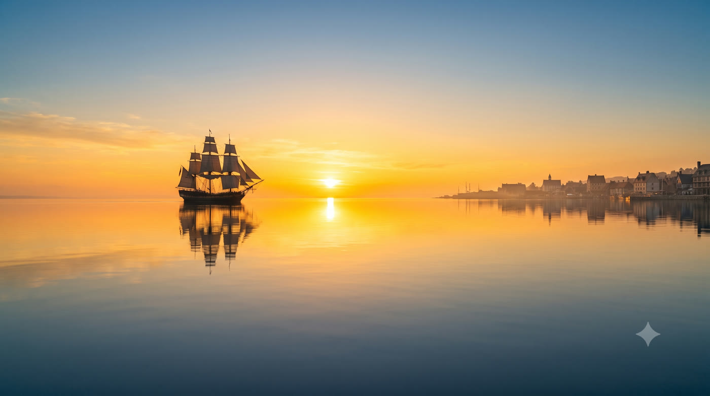 Navio clássico silencioso em um mar calmo ao pôr do sol dourado, com uma vila costeira ao fundo