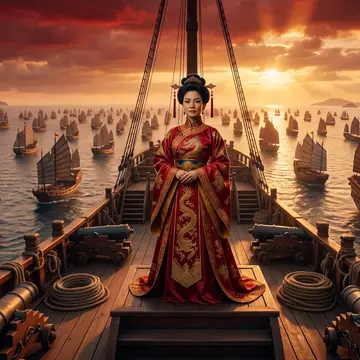 Feng Long, a Mulher Dragão, em túnica vermelha e dourada, diante da frota de juncos