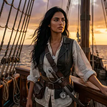 Marisol no convés ao entardecer, em alto-mar