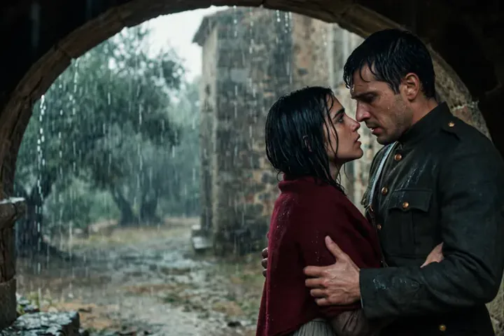 Casal abraçado sob a chuva, ele em uniforme militar, sob um arco de pedra