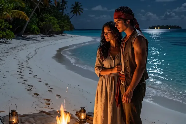 John Storm e Marisol numa praia à noite, junto a uma fogueira