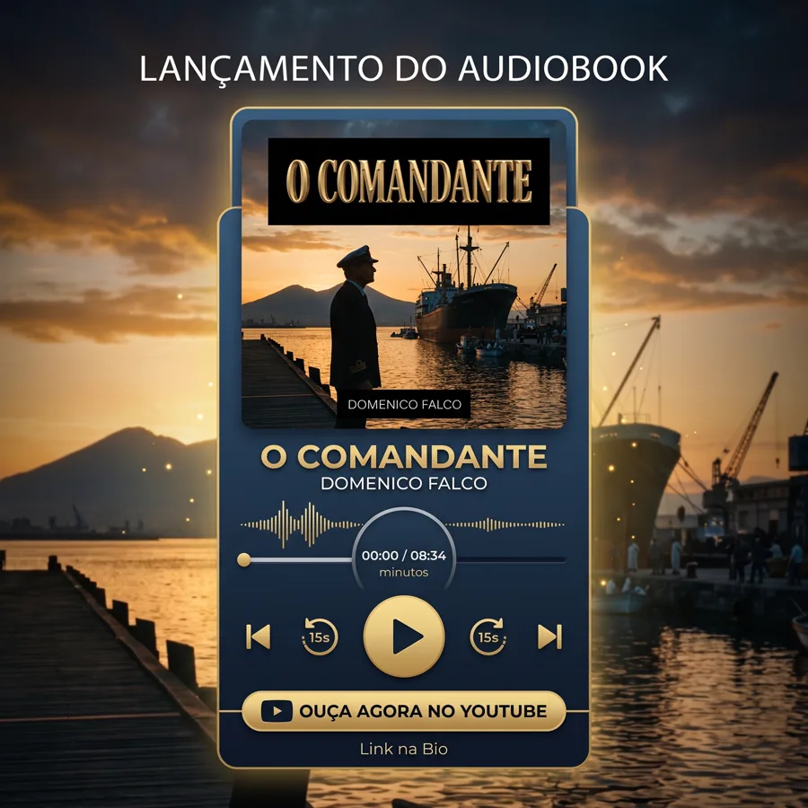 Peça de lançamento do audiolivro O Comandante: capa do audiobook e player com os controles de reprodução