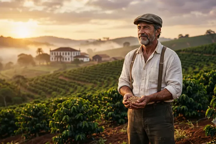 Matteo, personagem de O Siciliano, num cafezal ao amanhecer